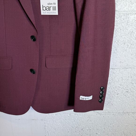Bar III Men's Slim-Fit Wool Blend Suit Jacket Berry Red 36S $425 - Picture 3 of 9